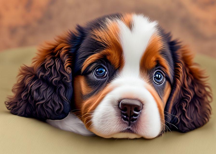 Detailed Illustration of Tri-Color Cavalier Puppy with Expressive Eyes