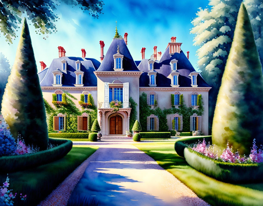 Colorful illustration: Grand chateau with topiary trees under blue sky