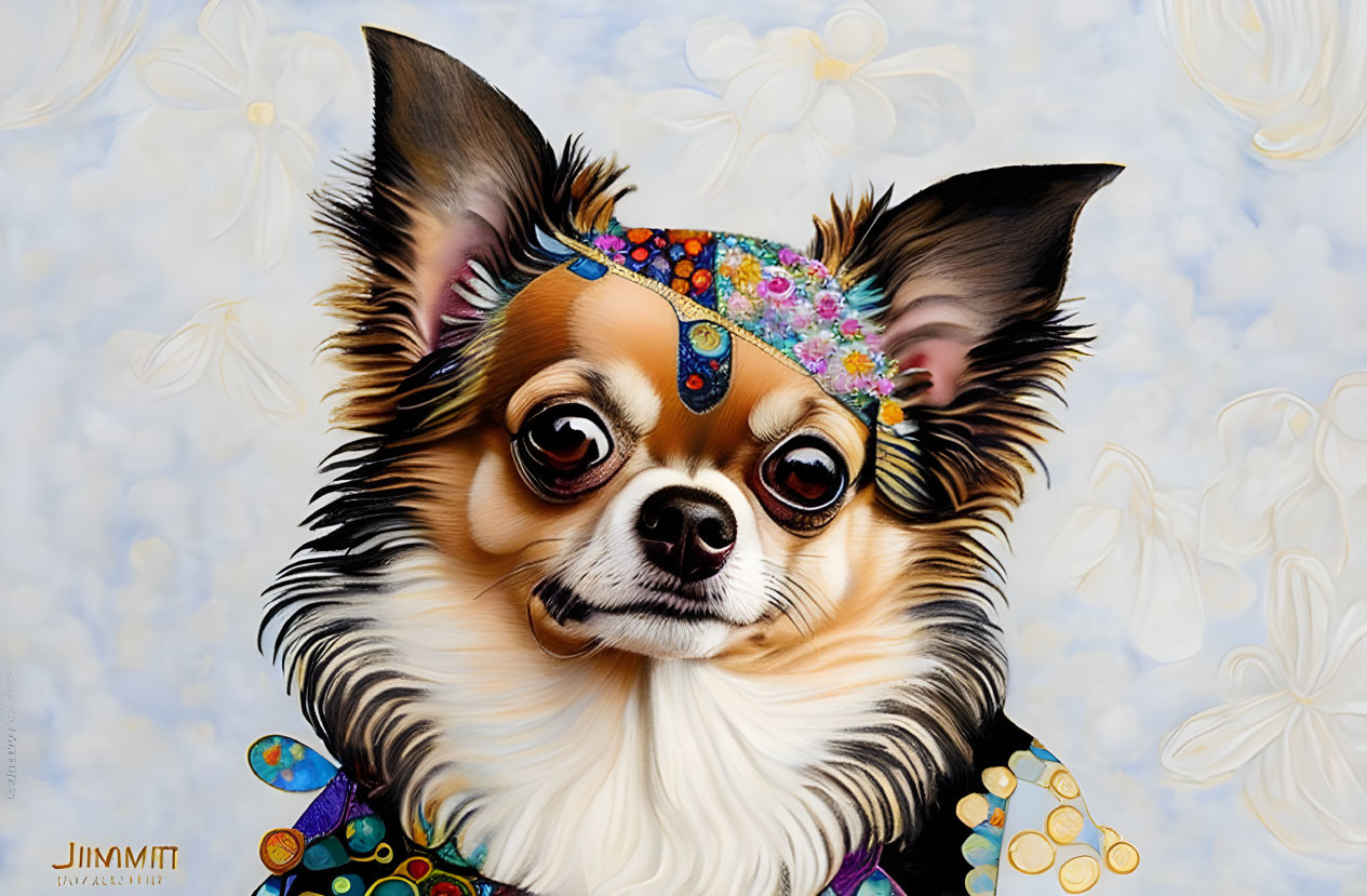 Colorful Chihuahua illustration with expressive eyes, headband, collar, and floral backdrop