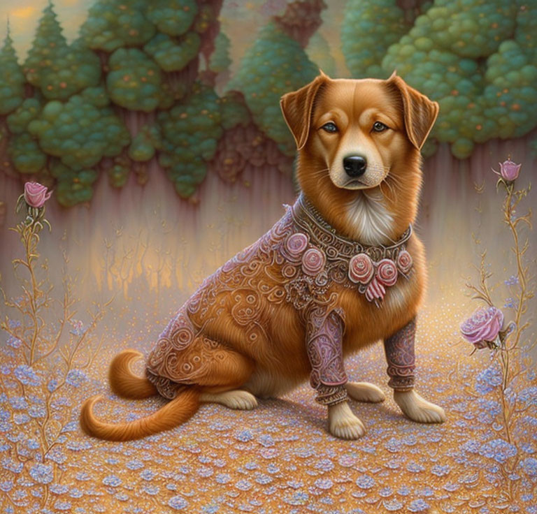 Stylized painting of a dog with human-like eyes in ornate attire in floral landscape