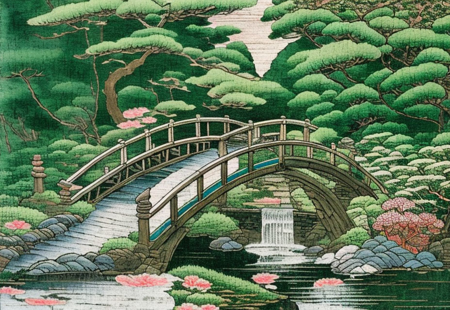 Japanese arched bridge over stream surrounded by lush greenery and pink flowering shrubs.