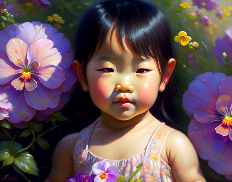 Young Child Surrounded by Vibrant Flowers in Soft Sunlight