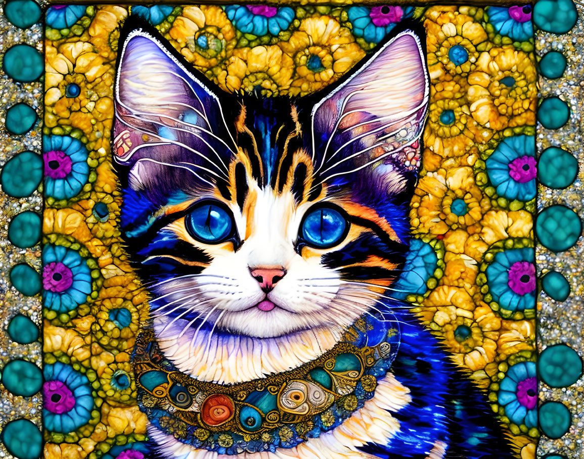 Colorful Cat Illustration with Blue Eyes and Bejeweled Collar on Floral Background