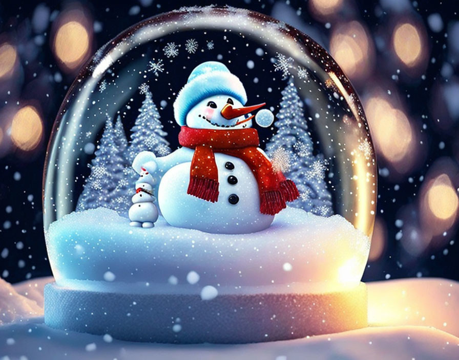 Snow globe with smiling snowman, top hat, scarf, and tiny companion in falling snow.