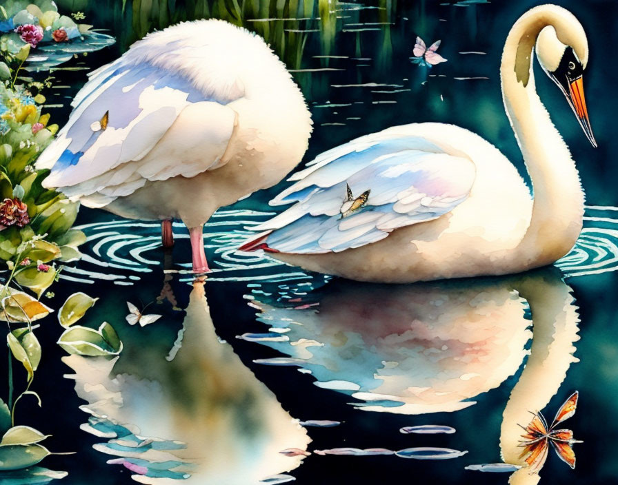 Tranquil lake scene with swans, ripples, flora, and butterflies