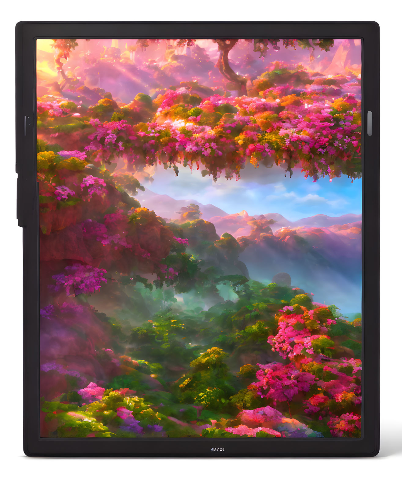 Colorful digital illustration: lush, pink flowering trees, misty mountains, and warm sky on tablet