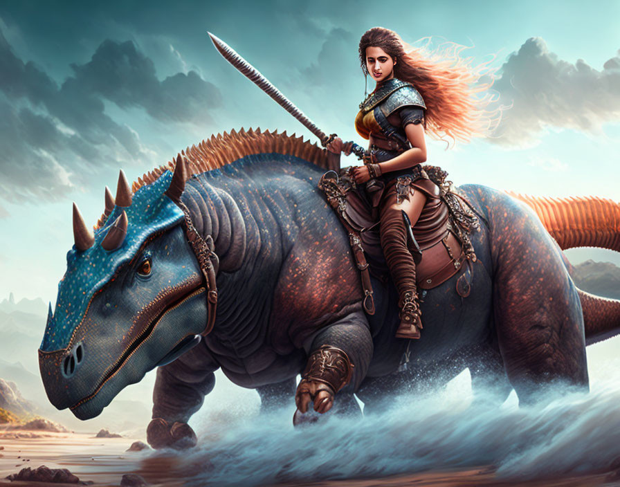 barbarian woman riding a dinosaur