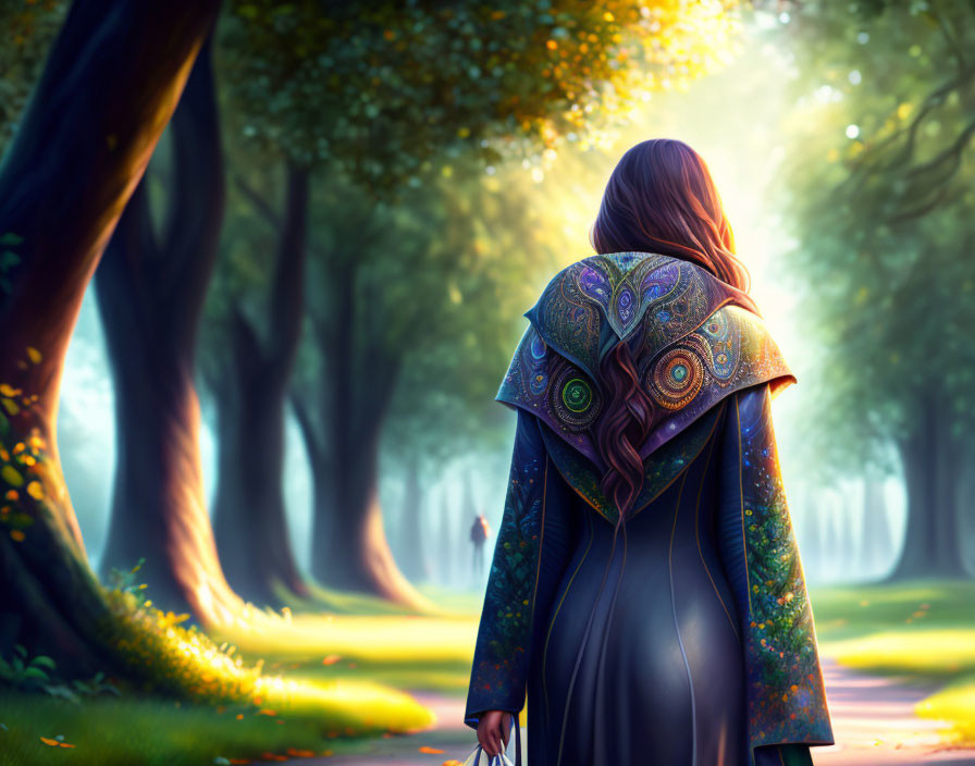 Woman in ornate cloak standing in sunlit forest path gazes at distant figure