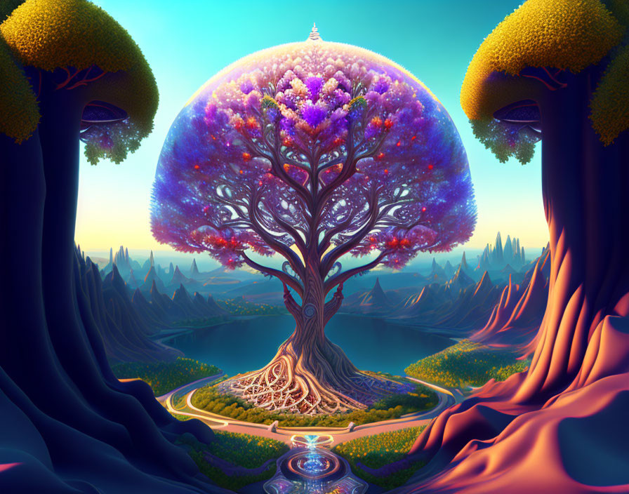 Majestic tree with luminous purple canopy in whimsical landscape