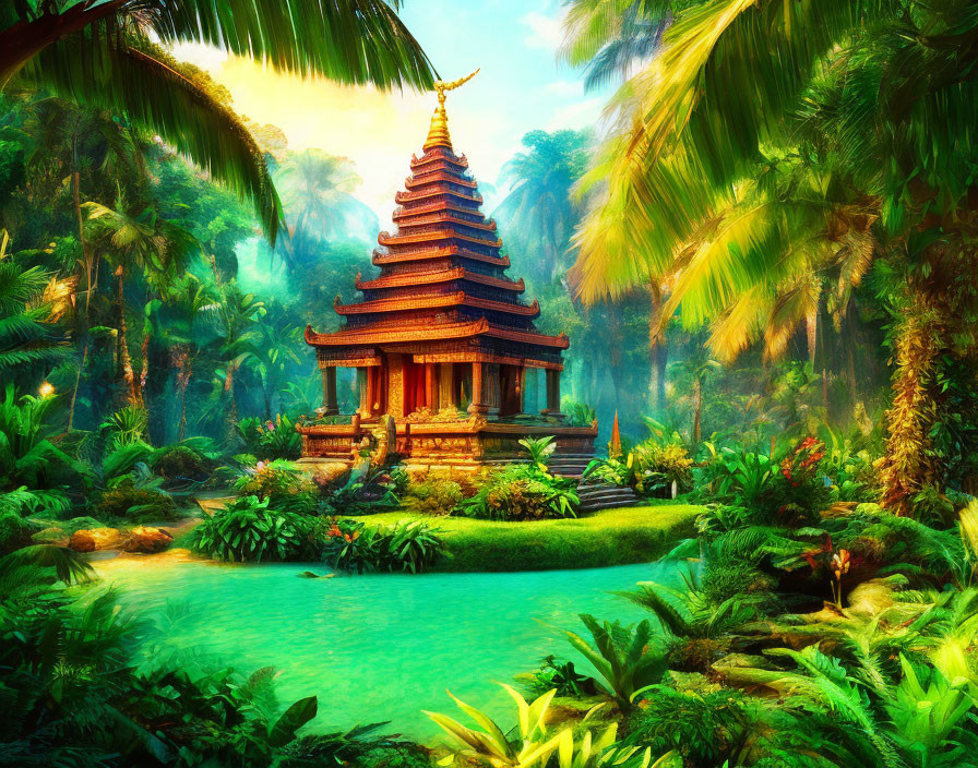 Traditional multi-tiered temple in lush jungle with serene pond