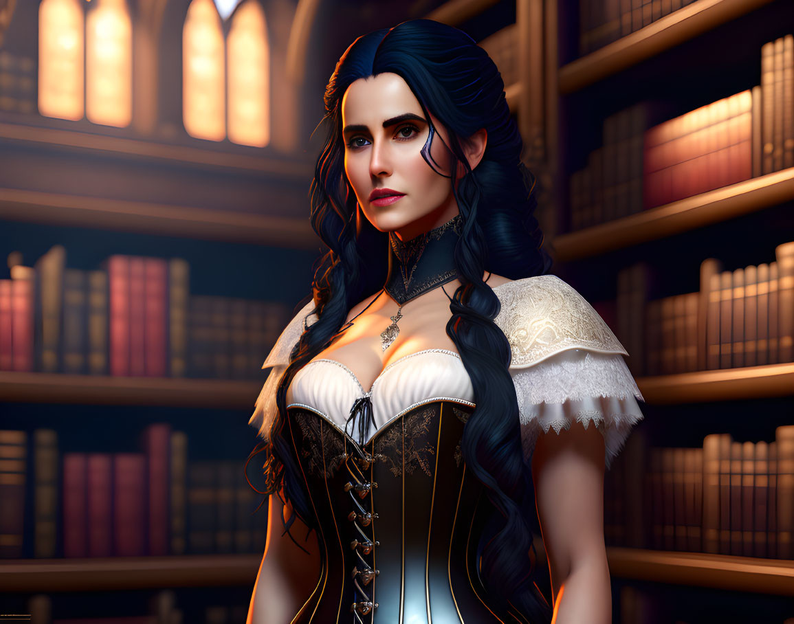Dark-haired female character in Victorian dress in library setting