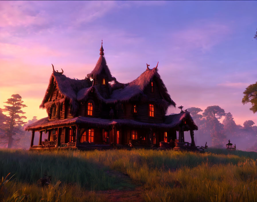 Fantasy-style wooden house with intricate rooftops in lush forest sunset