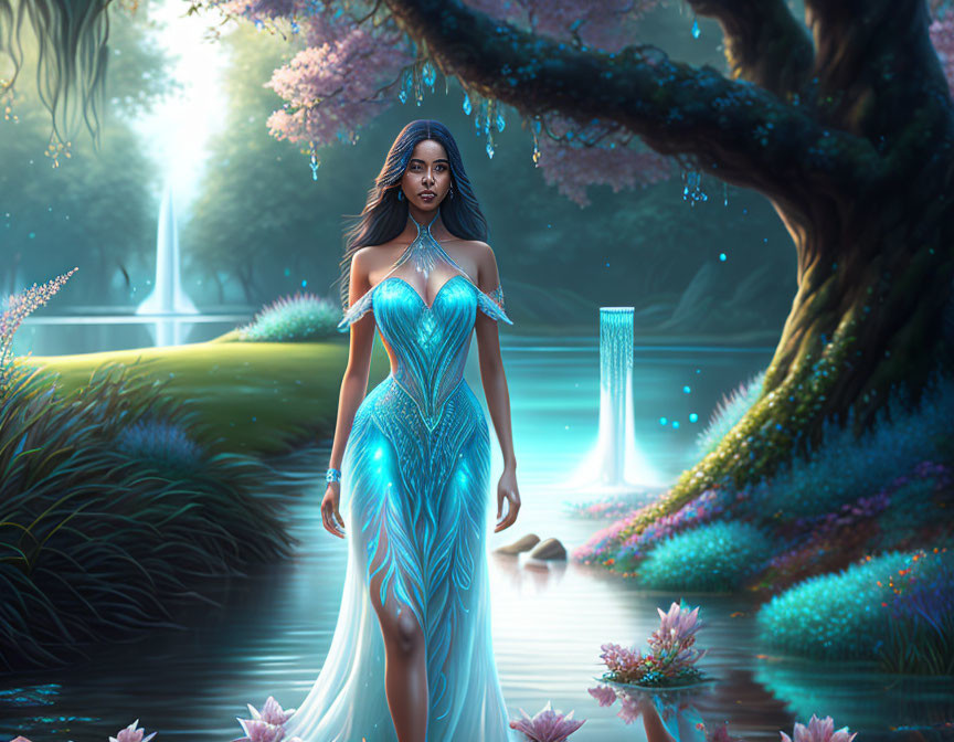 Woman in Sparkling Blue Gown in Mystical Landscape with Trees and Pond