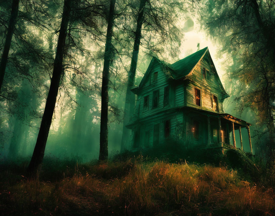 Desolate two-story house in misty forest with overgrown grass.