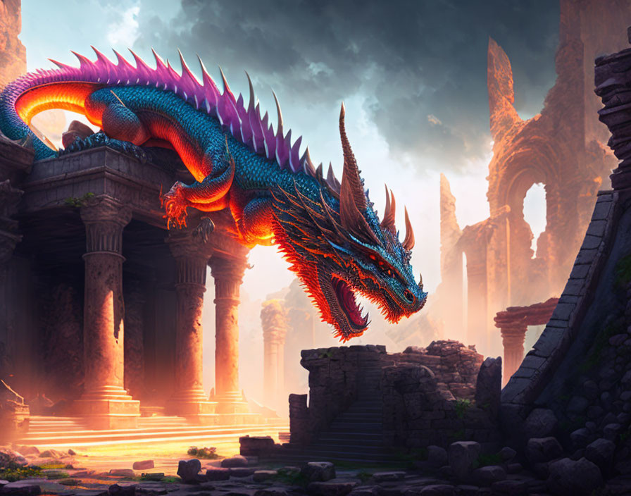 Colorful dragon in ancient ruins with sunlight on iridescent scales