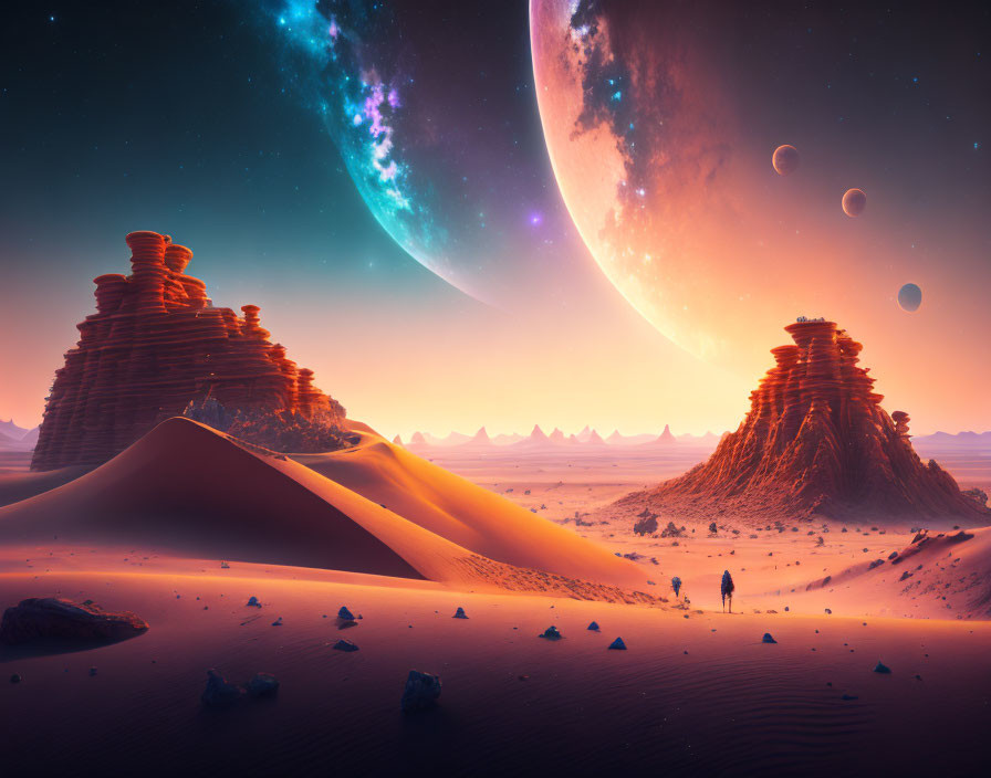 Solitary Figure in Desert Dunes with Majestic Planets and Moons