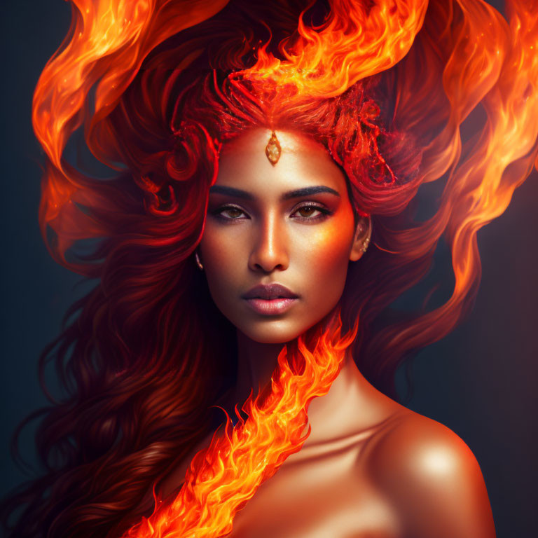 Fiery-haired woman surrounded by flames in warm colors