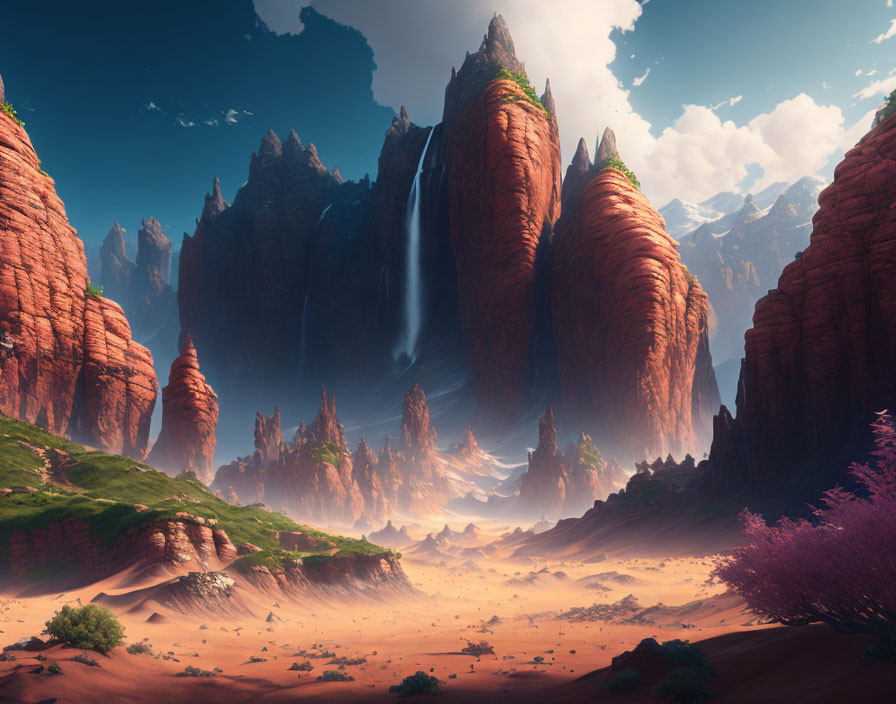 Fantastical landscape with red rocks, waterfalls, pink foliage