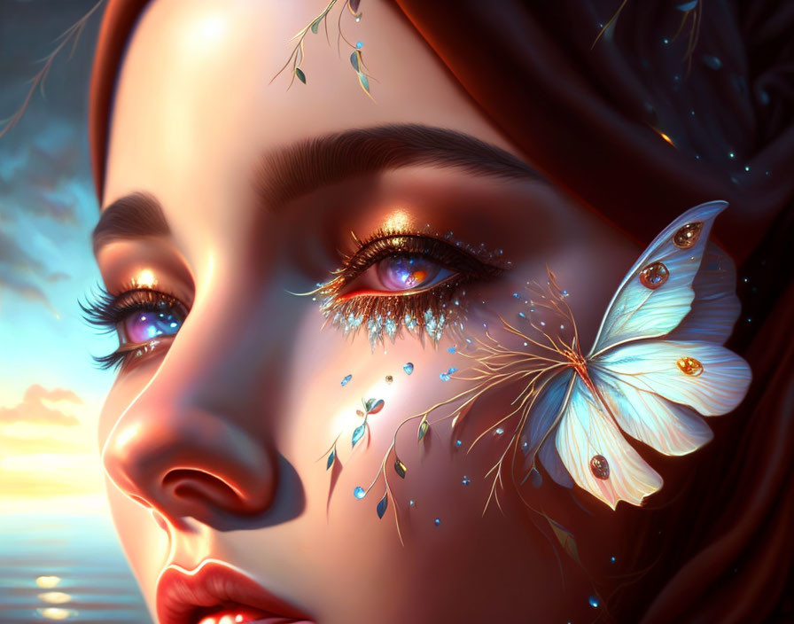 Illustration: Woman's face with butterfly, sparkling adornments, sunset sky reflection