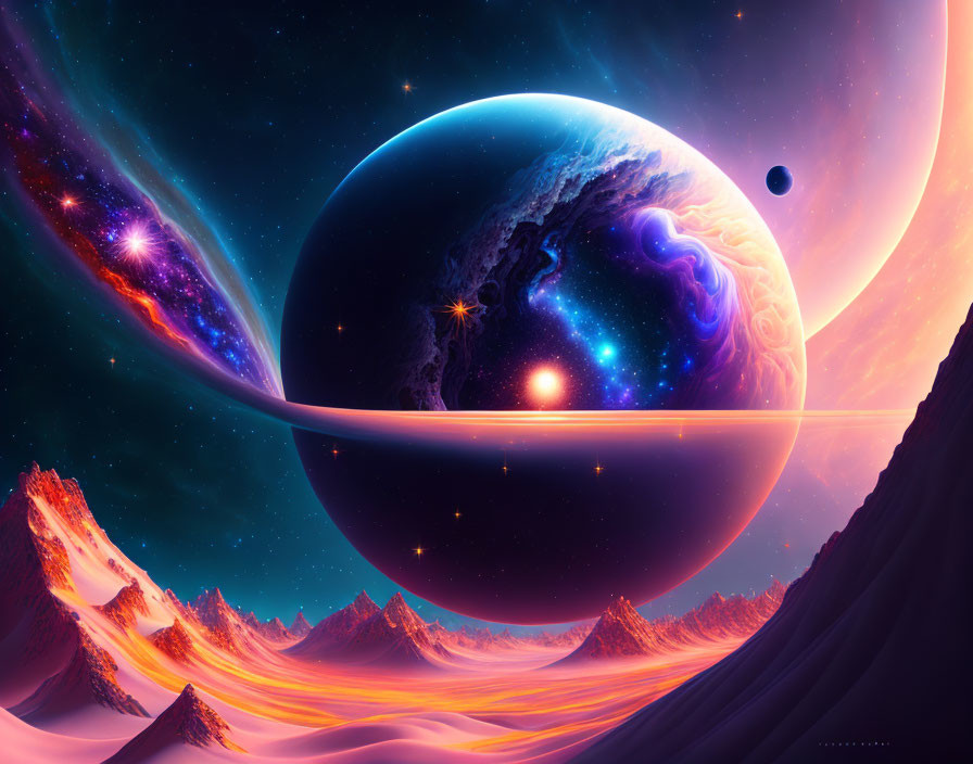 Colorful digital artwork: cosmic landscape with planet, galaxy swirl, icy mountains, starry sky.