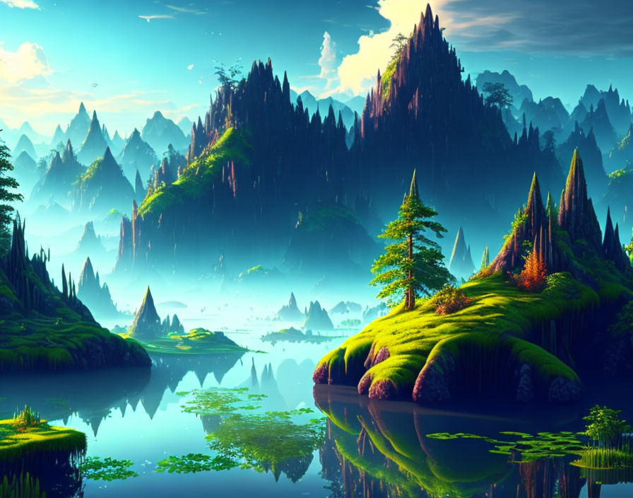 Fantasy Landscape with Greenery, Mountains, Waters, and Blue Sky