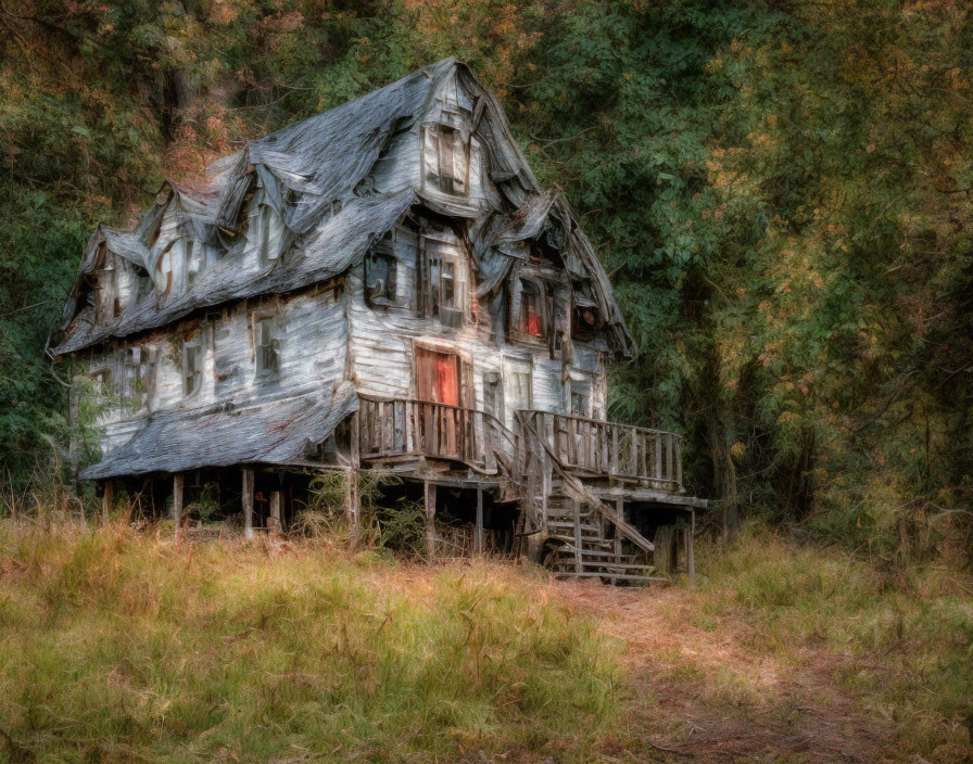 Abandoned wooden house in forest clearing with peeling paint