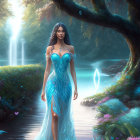 Woman in Sparkling Blue Gown in Mystical Landscape with Trees and Pond