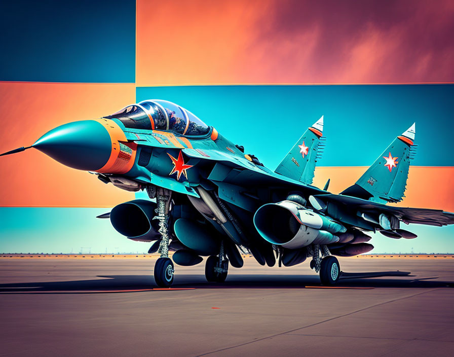 Vibrant fighter jet illustration with segmented sky gradient