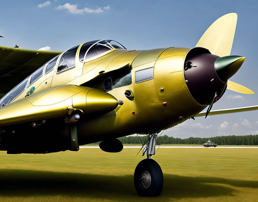 Vintage Yellow Twin-Engine Military Aircraft on Grass with Clear Sky