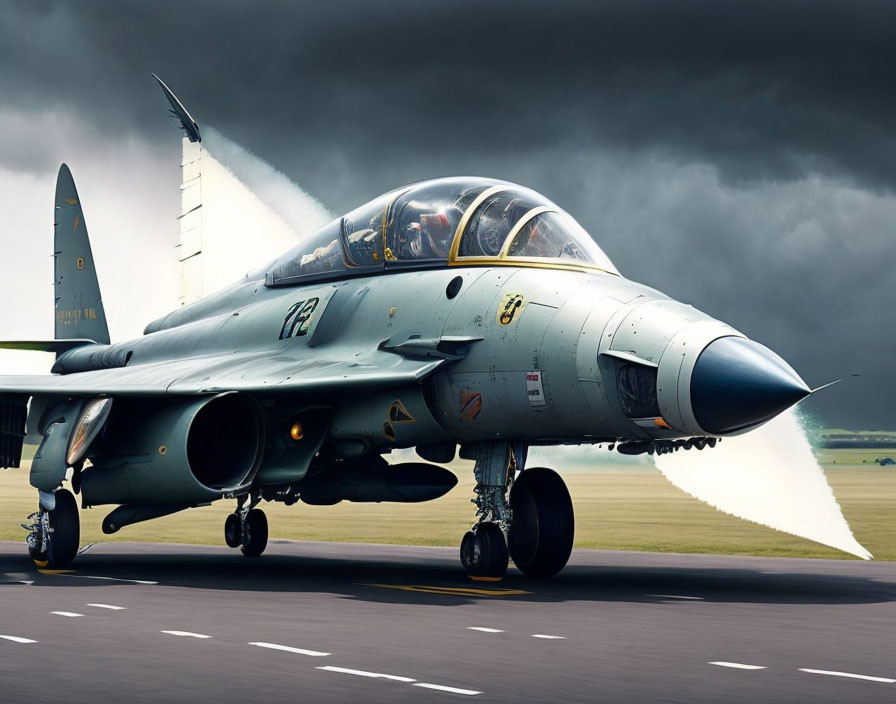 Military fighter jet with pilot on runway under stormy skies