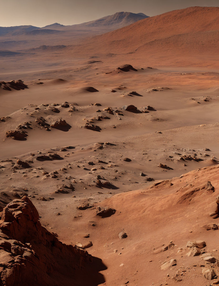Barren Martian landscape: red-brown hills, rocky outcrops, arid terrain.