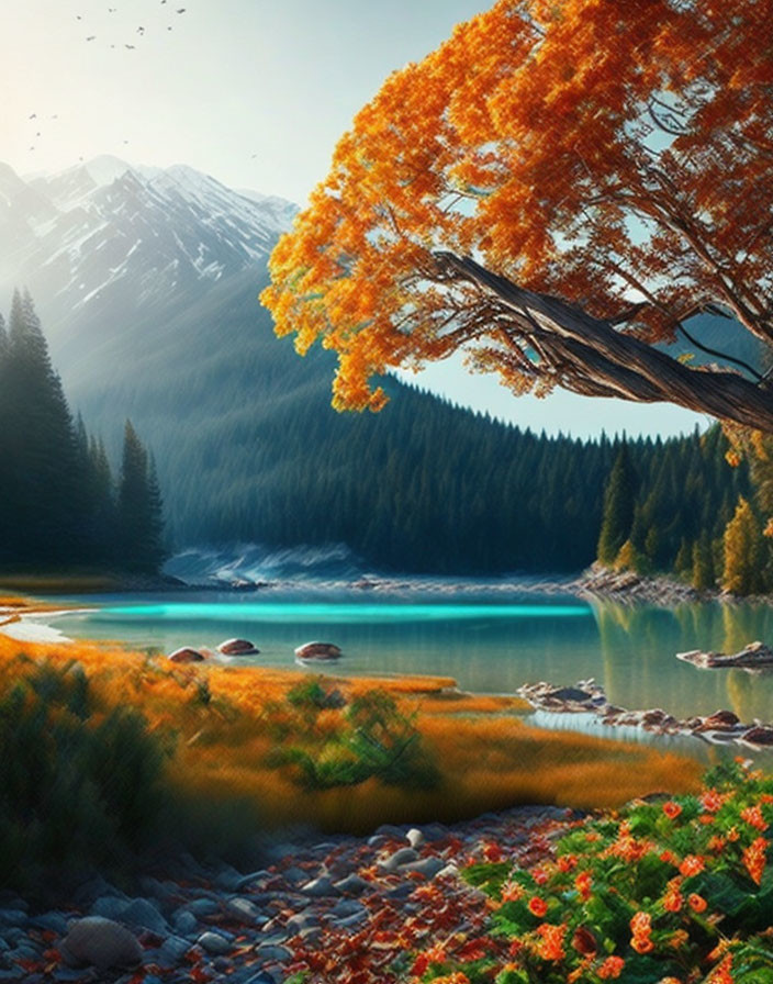Scenic autumn landscape with orange tree, blue lake, mountains.