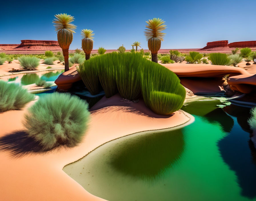Vibrant desert landscape with red rock formations and lush green oases