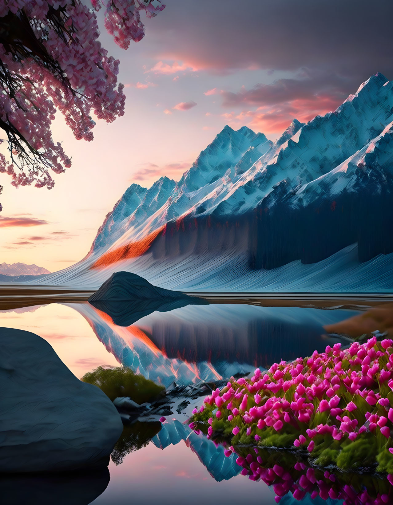 Scenic snow-capped mountains, lake reflection, cherry blossoms, sunset sky