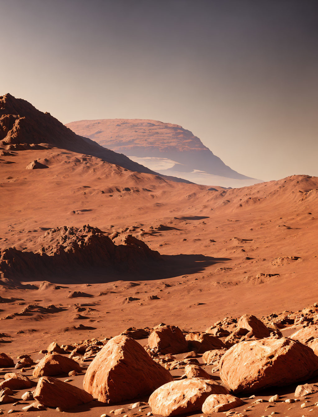Rocky Martian Terrain with Layered Mountains and Reddish Soil