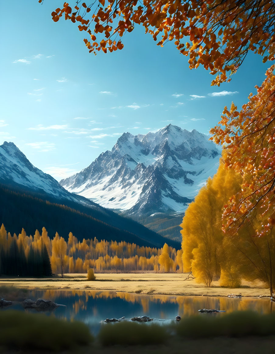 Tranquil Lake Reflecting Snow-Capped Mountains in Autumn