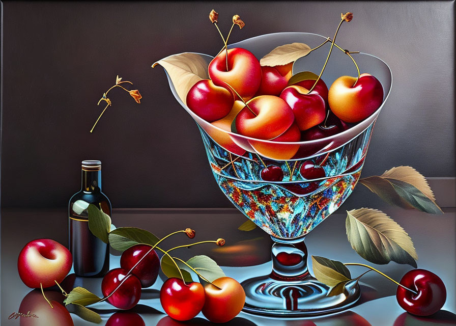 Shiny cherries in glass bowl with bottle on reflective surface