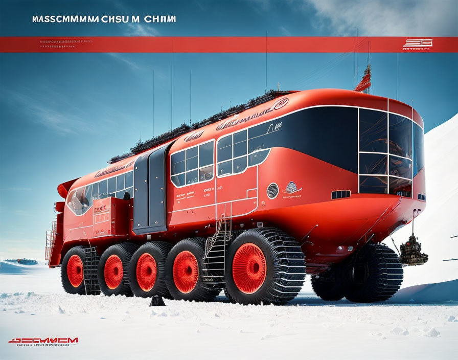 Futuristic red and black multi-wheeled snow vehicle on snowy landscape