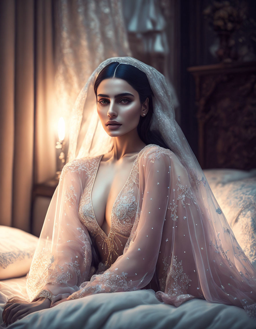 Elegant bride in embellished gown and veil in vintage setting