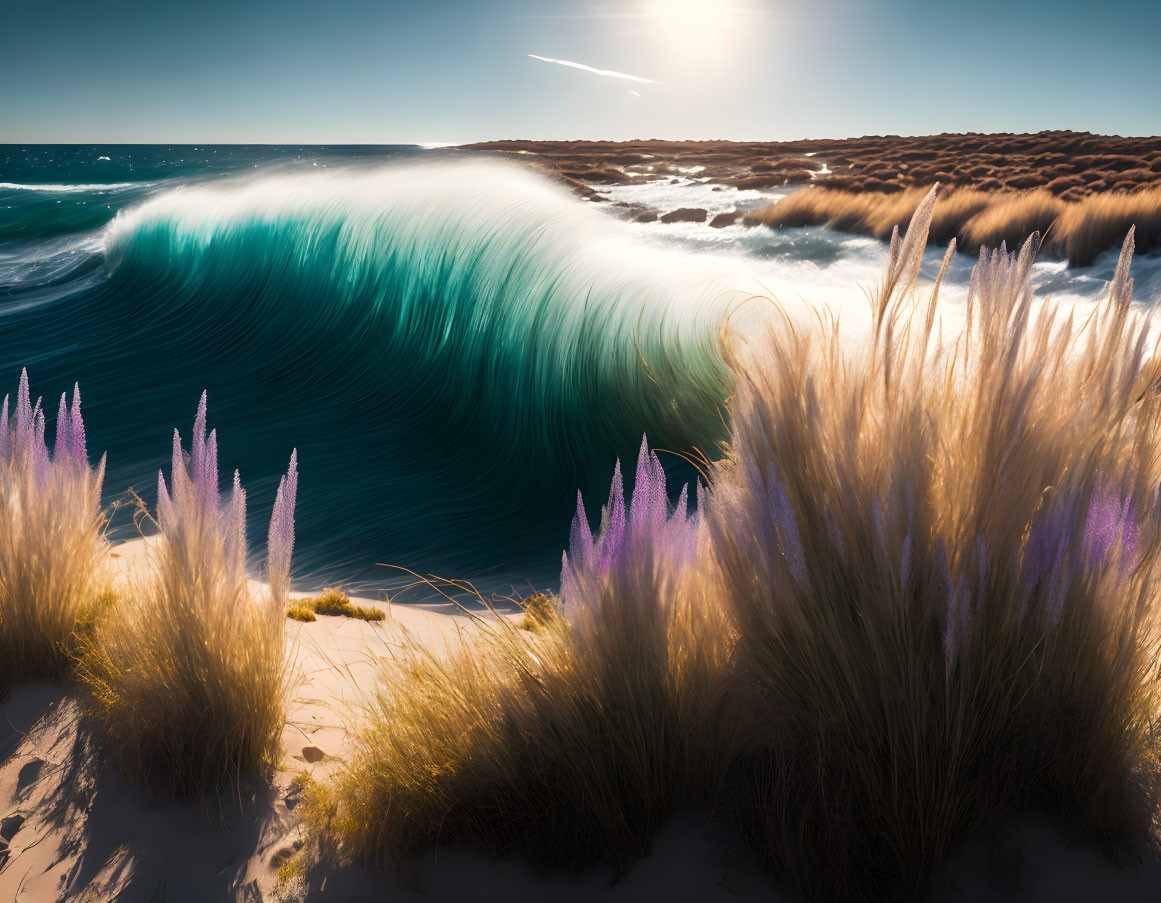 Turquoise Wave Cresting on Sandy Beach with Sunlit Grasses