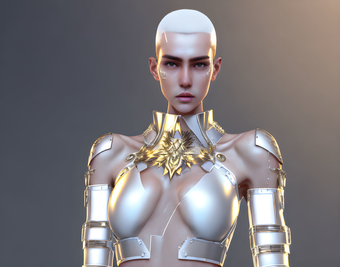 Metallic humanoid robot with bald head, piercing gaze, and gold neckpiece on gray background