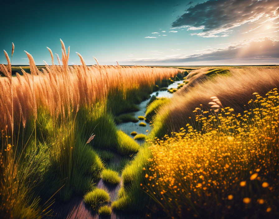 Colorful landscape with tall grasses, yellow wildflowers, and sunlit sky.