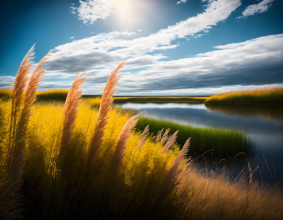 Serene Waters with Vibrant Yellow Grasses and Dynamic Sky