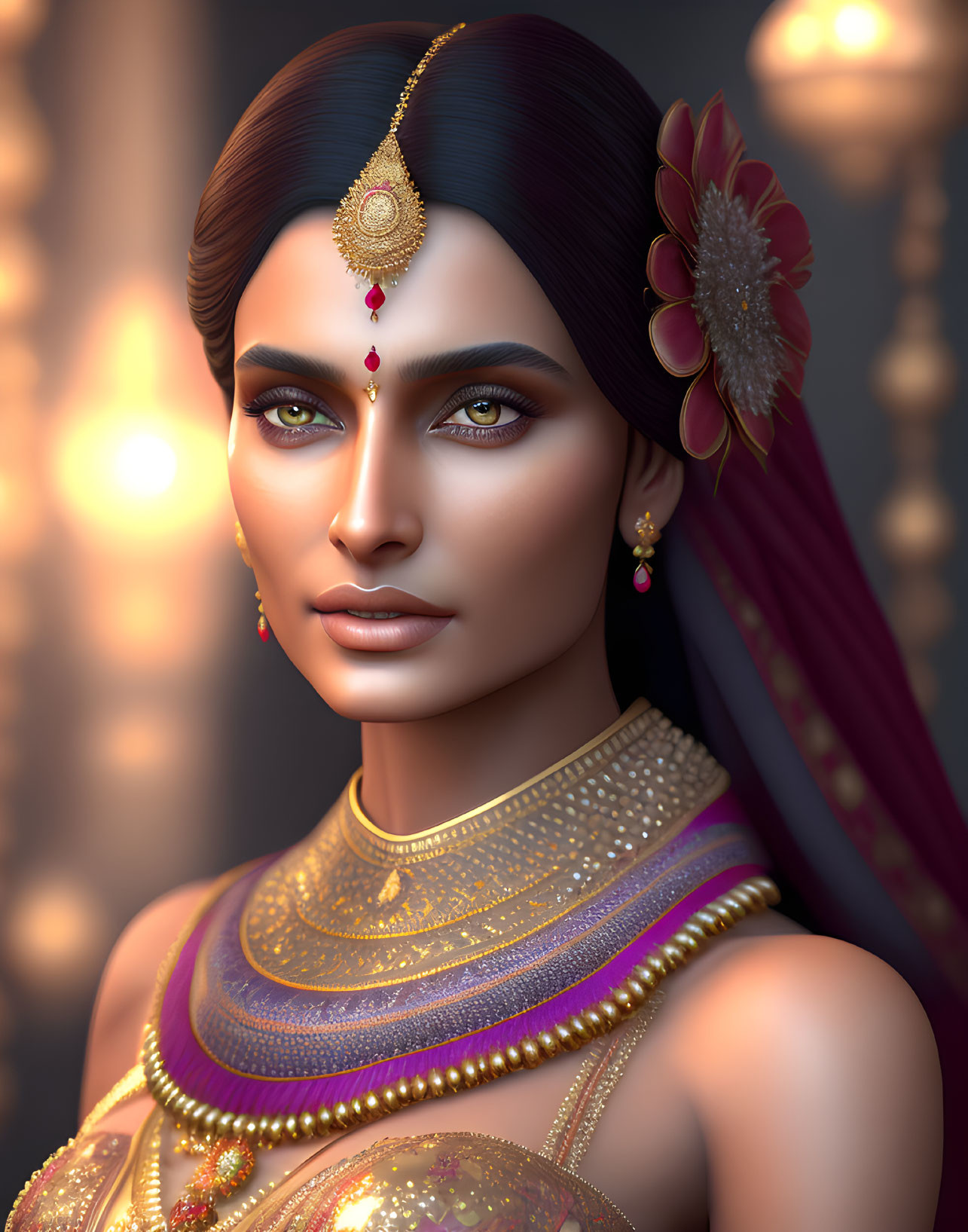 Traditional Indian jewelry on woman in 3D-rendered image