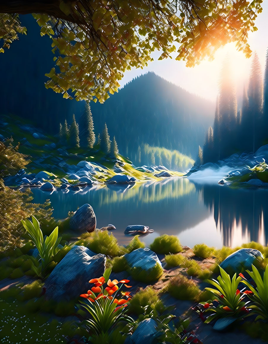Tranquil Mountain Lake with Sunlight and Greenery