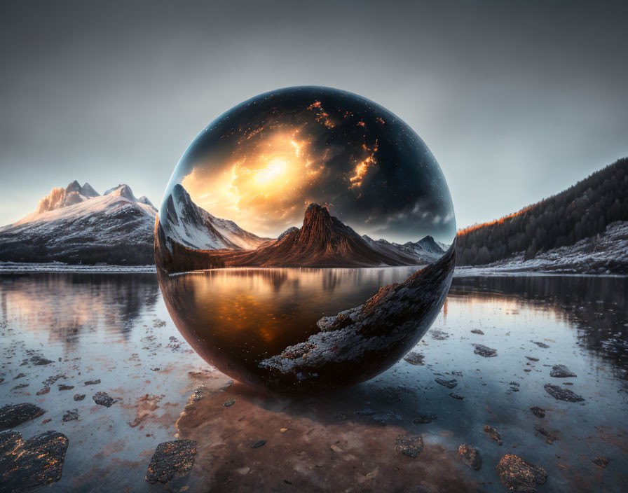 Composite Image: Crystal Ball Reflecting Galaxy Over Mountain Landscape