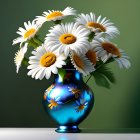 White Daisies Bouquet in Blue Vase on Green Background