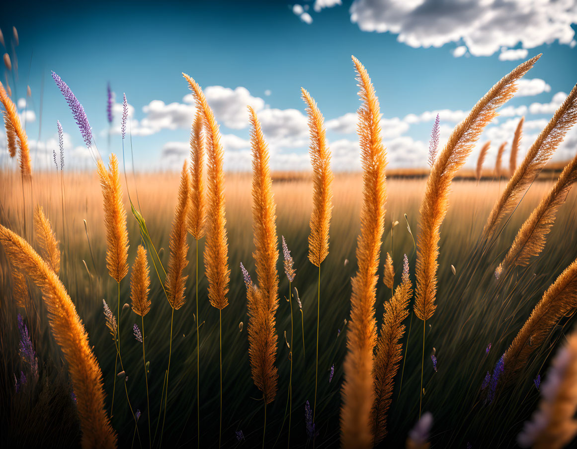 Vibrant golden wheat field under blue sky with fluffy clouds and purple wildflowers