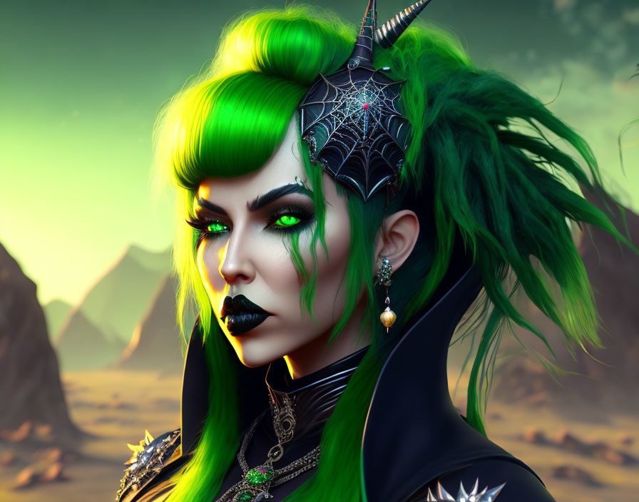 Fantasy Art: Woman with Green Hair and Spiderweb Headpiece in Mountainous Setting