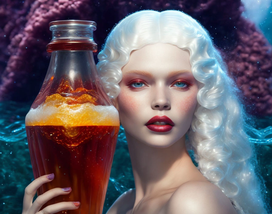 Surreal image: Woman with porcelain skin and white hair merged with fizzy amber bottle underwater